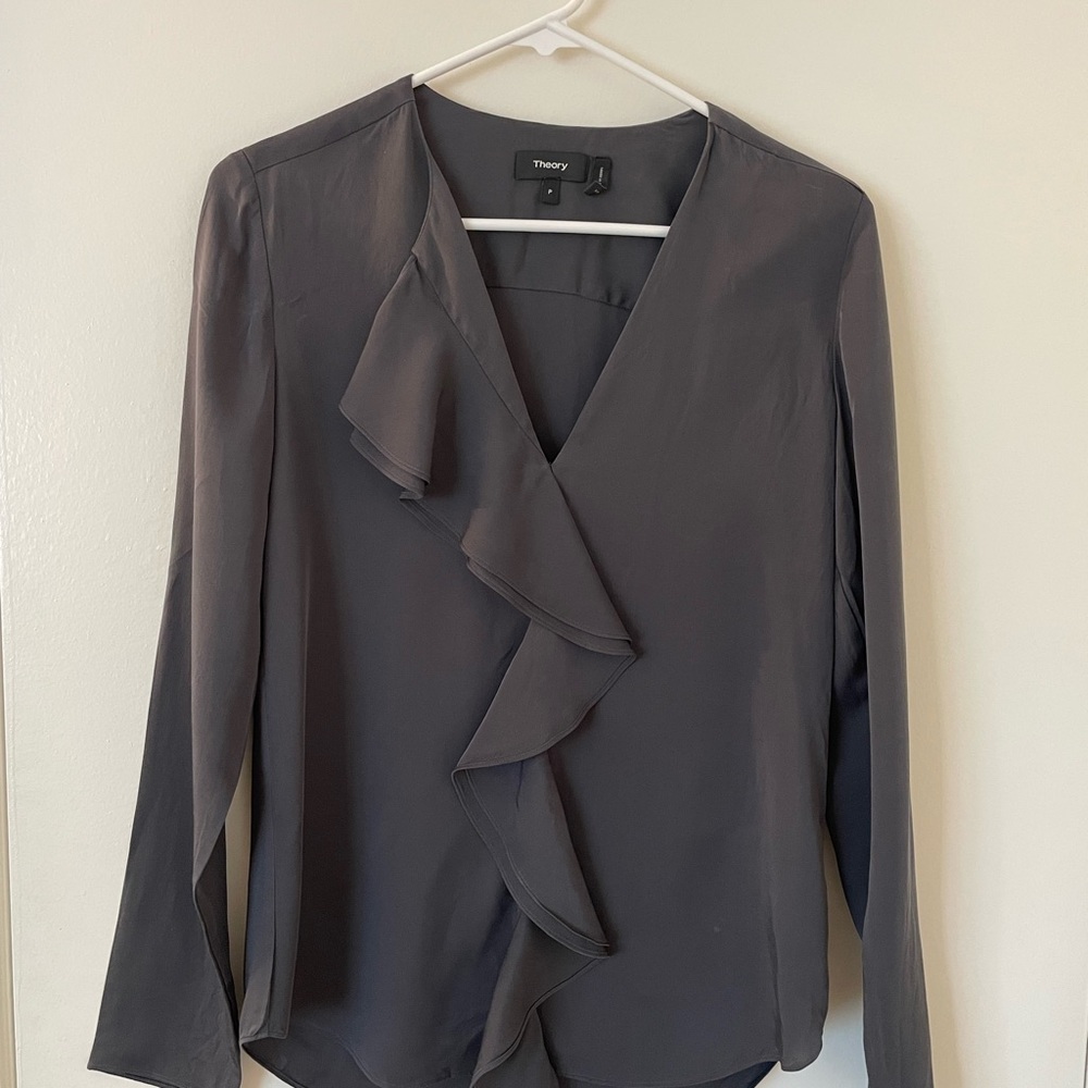 Theory 100% Charcoal Ruffle Blouse